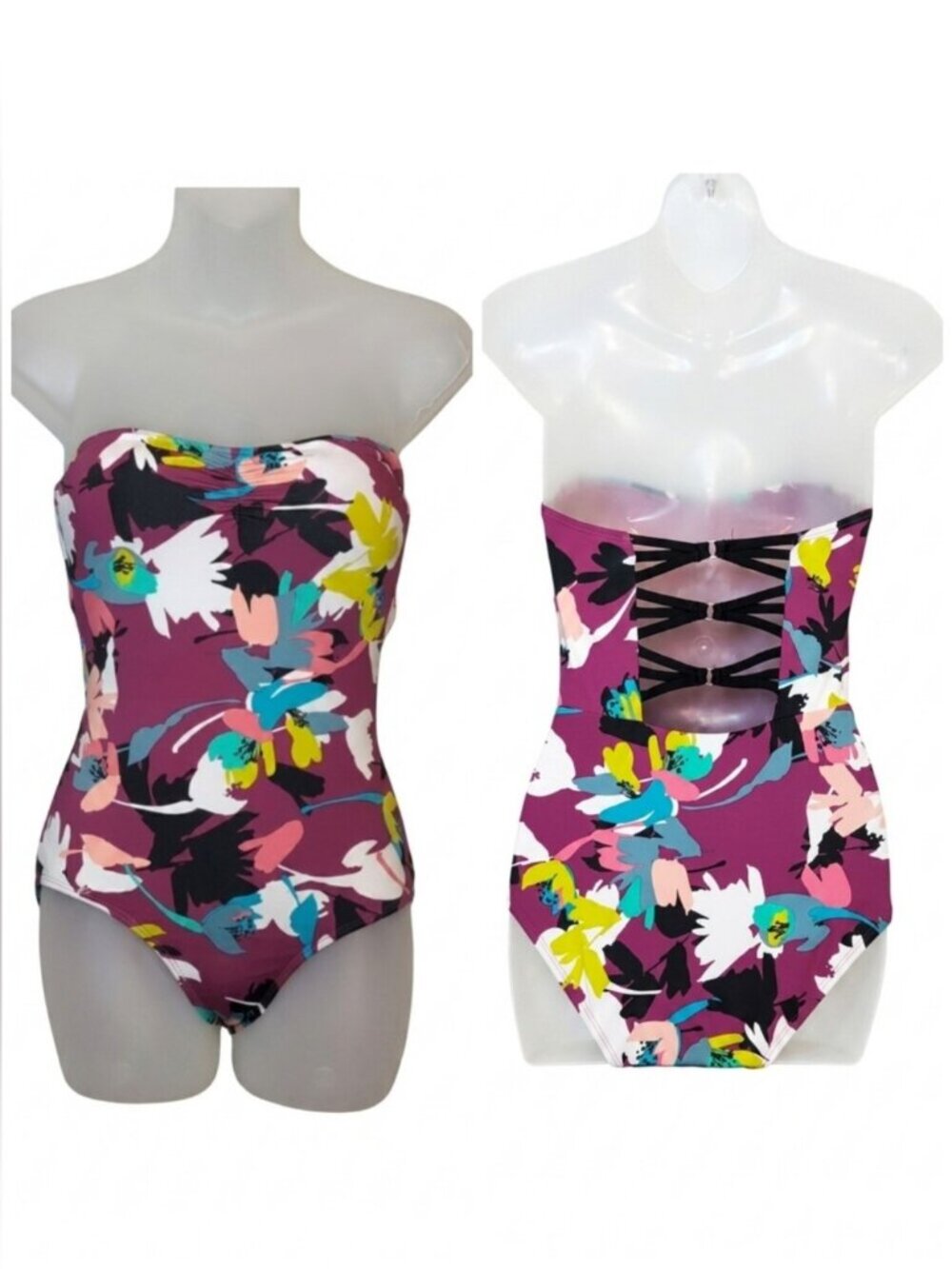 Cole Of California Floral Strapless Swimsuit Strappy Open Back One Piece Size 6